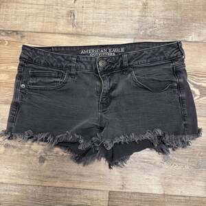 Y2K American Eagle Women's Super Low-Rise Shortie Black Frayed Denim Shorts